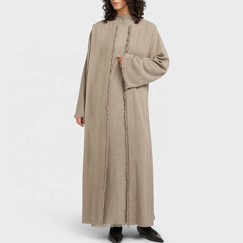 Ensemble Robe Abaya Musulmane pour Femmes en Viscose et Lin, Design à Pompons...