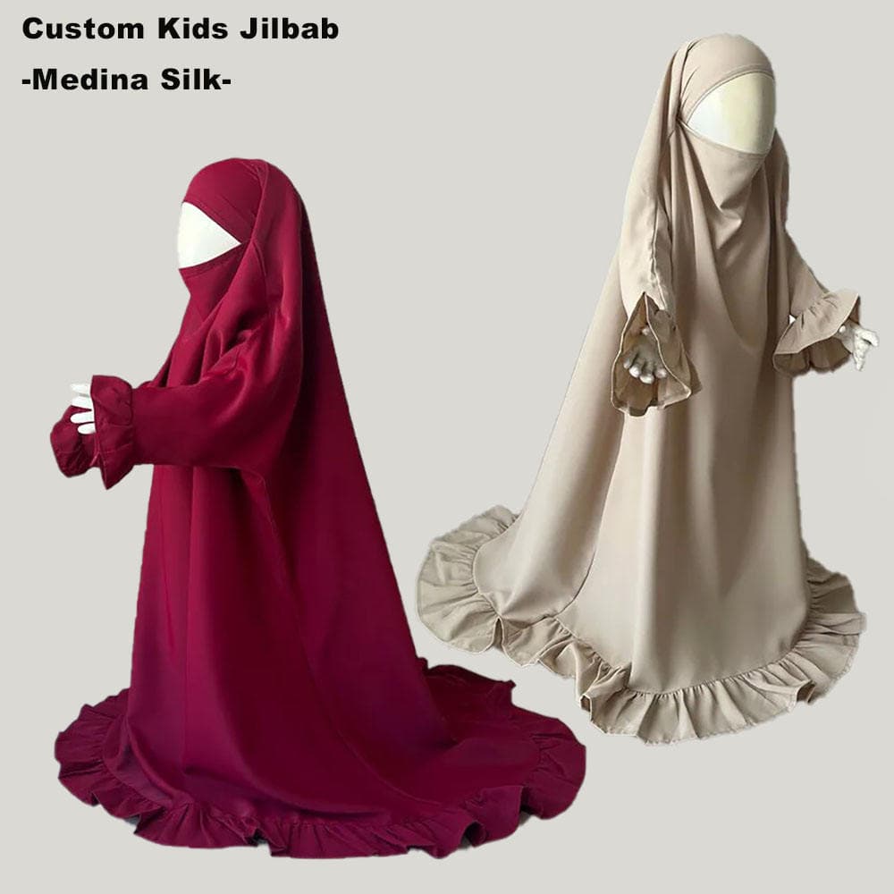 Jilbab Personnalisé en Soie de Médine à Volants pour Enfants, Jilbab de Prièr...