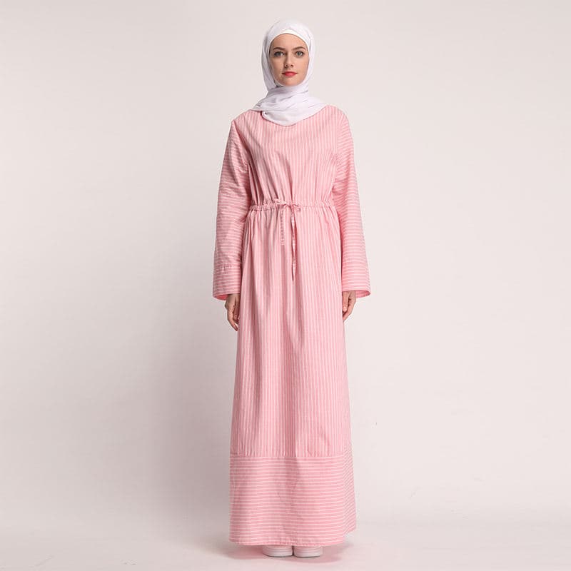 Robe longue musulmane à rayures à la taille et à manches longues décontractée... - Vue 3 | Yelira