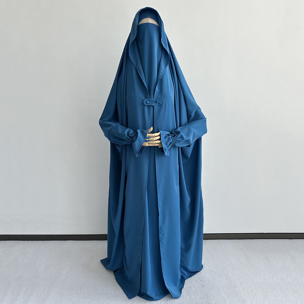 Jilbab Une Pièce avec Cape Boutonnée Devant Ramadan Aïd Manche Papillon Volan... - Vue 3 | Yelira