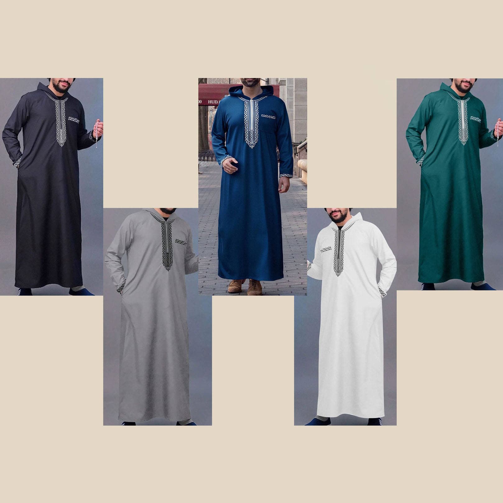 Thobe Homme Musulman Noir à Capuche Brodé Marocain, Robe Islamique Modeste av... - Vue 3 | Yelira