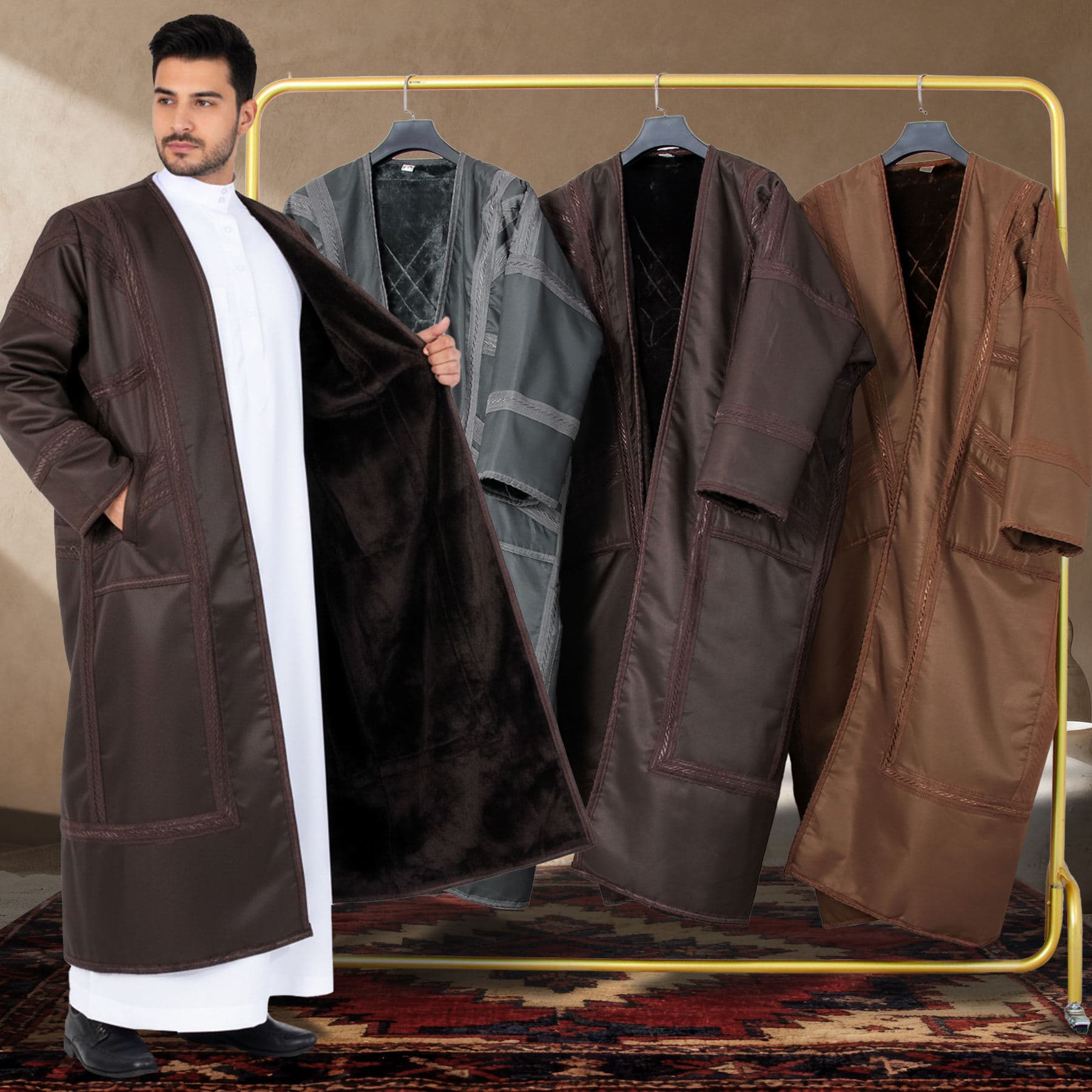 Abaya blanche à manches longues Oman, col musulman saoudien, djellaba arabe, ... - Vue 3 | Yelira