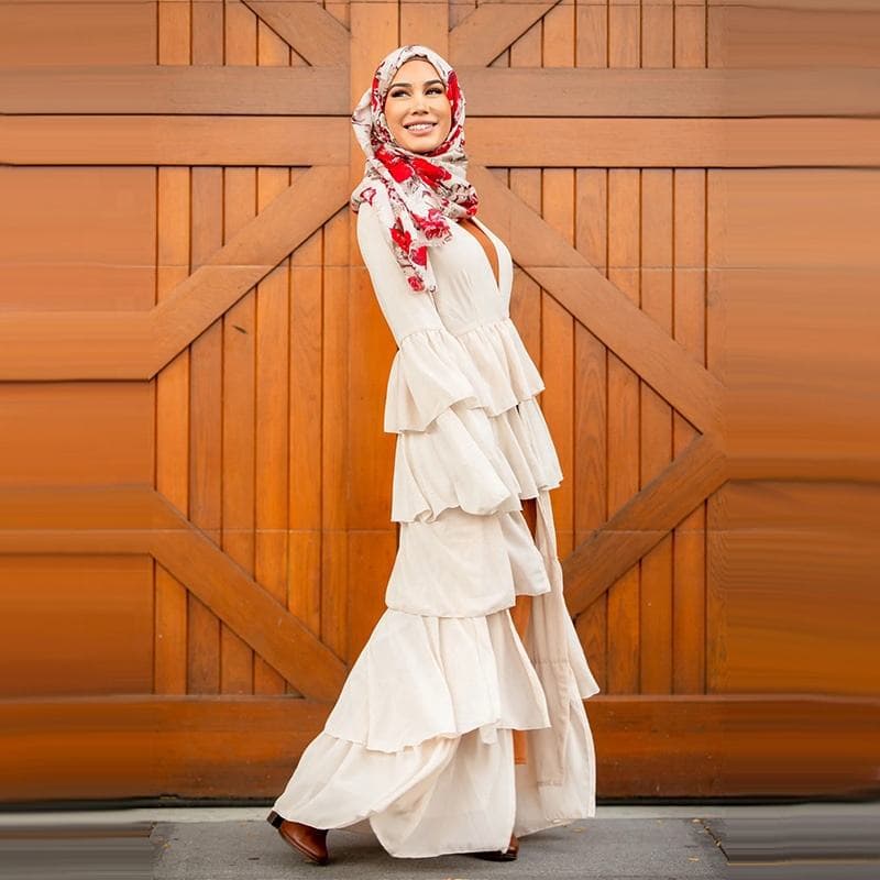 Robe musulmane de haute qualité à volants en cascade, abaya ouverte devant, c... - Vue 3 | Yelira