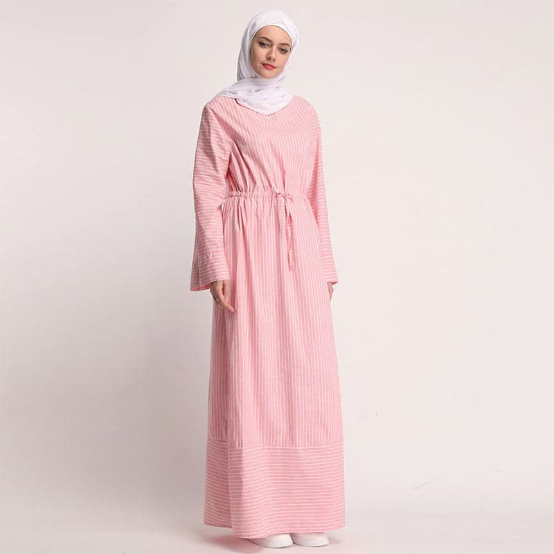 Robe longue musulmane à rayures à la taille et à manches longues décontractée... - Vue 4 | Yelira