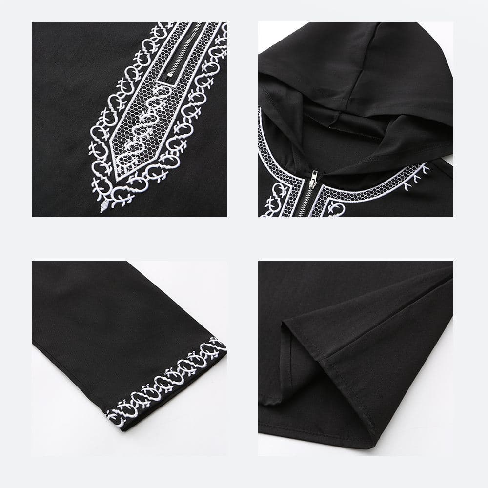 Thobe Homme Musulman Noir à Capuche Brodé Marocain, Robe Islamique Modeste av... - Vue 4 | Yelira