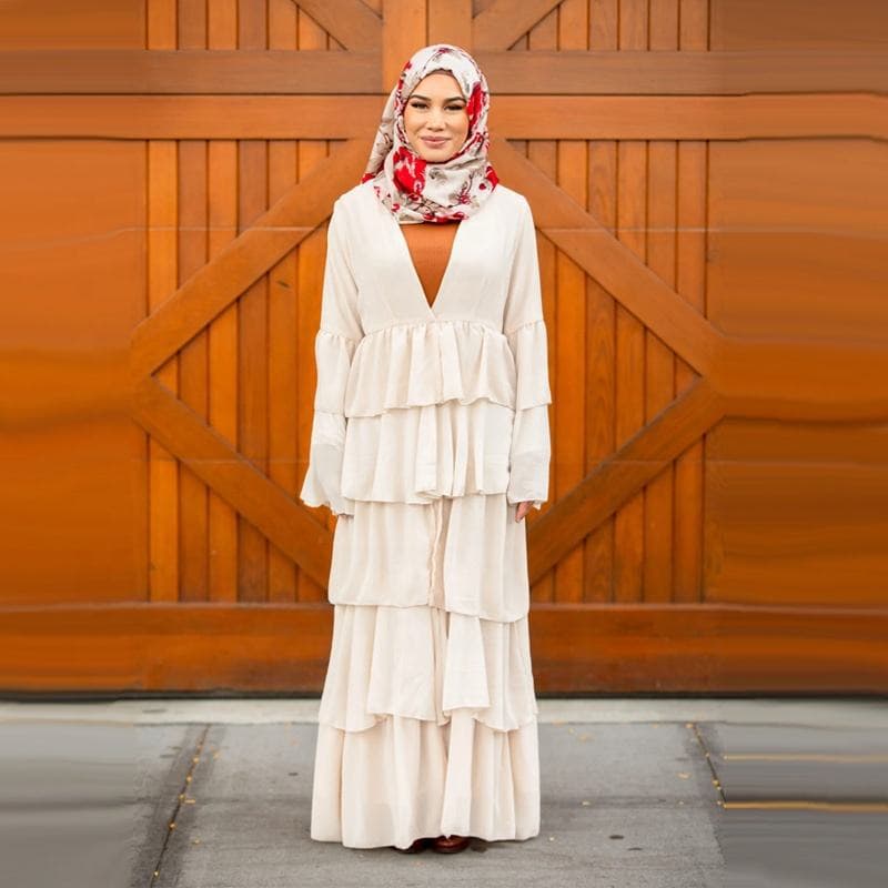 Robe musulmane de haute qualité à volants en cascade, abaya ouverte devant, c... - Vue 4 | Yelira