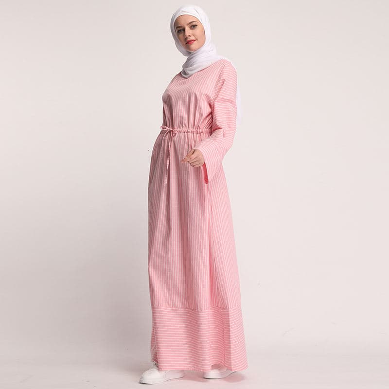 Robe longue musulmane à rayures à la taille et à manches longues décontractée... - Vue 5 | Yelira