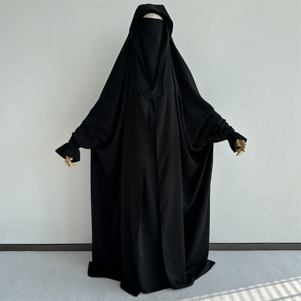 Jilbab Une Pièce avec Cape Boutonnée Devant Ramadan Aïd Manche Papillon Volan... - Vue 5 | Yelira