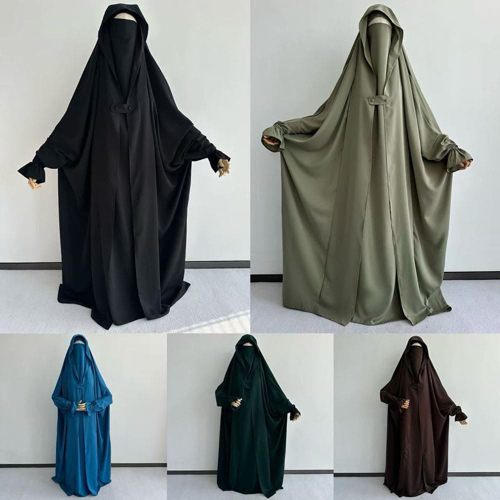 Jilbab Une Pièce avec Cape Boutonnée Devant Ramadan Aïd Manche Papillon Volan... - Vue 7 | Yelira
