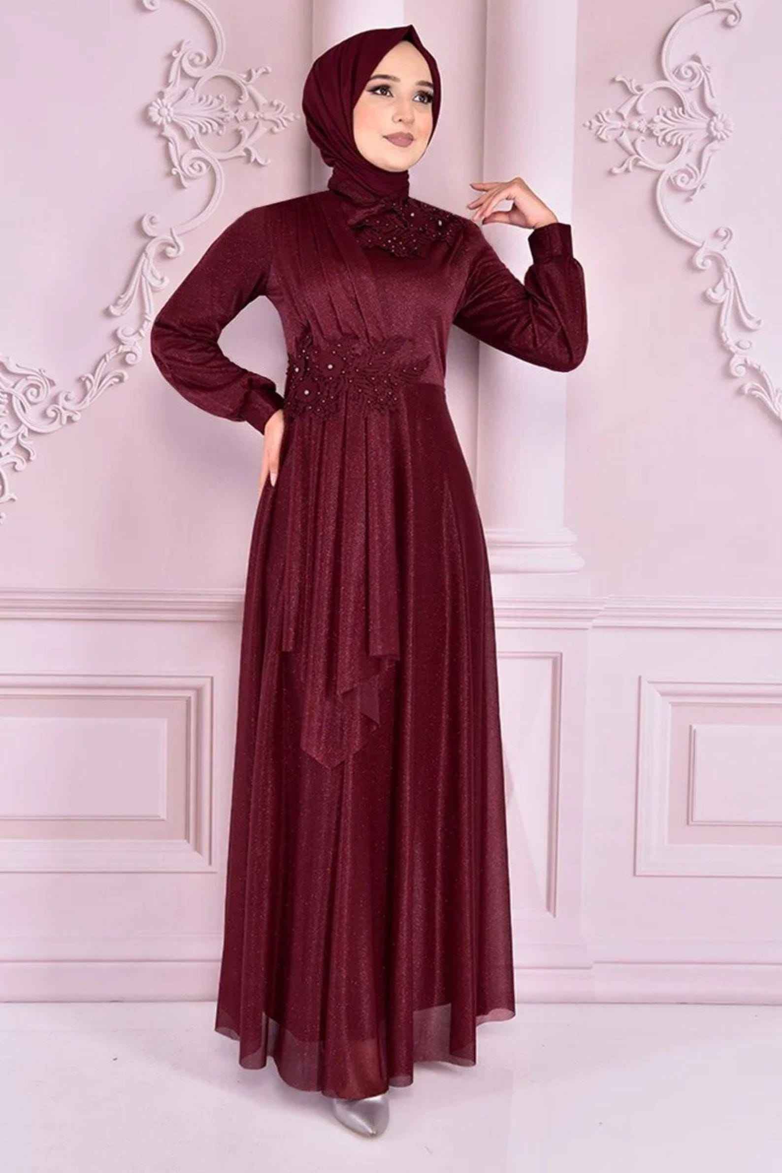 Robe de Soirée Hijab 2514 Longue en Mousseline pour Femme, Longueur Ras du So... - Vue 8 | Yelira