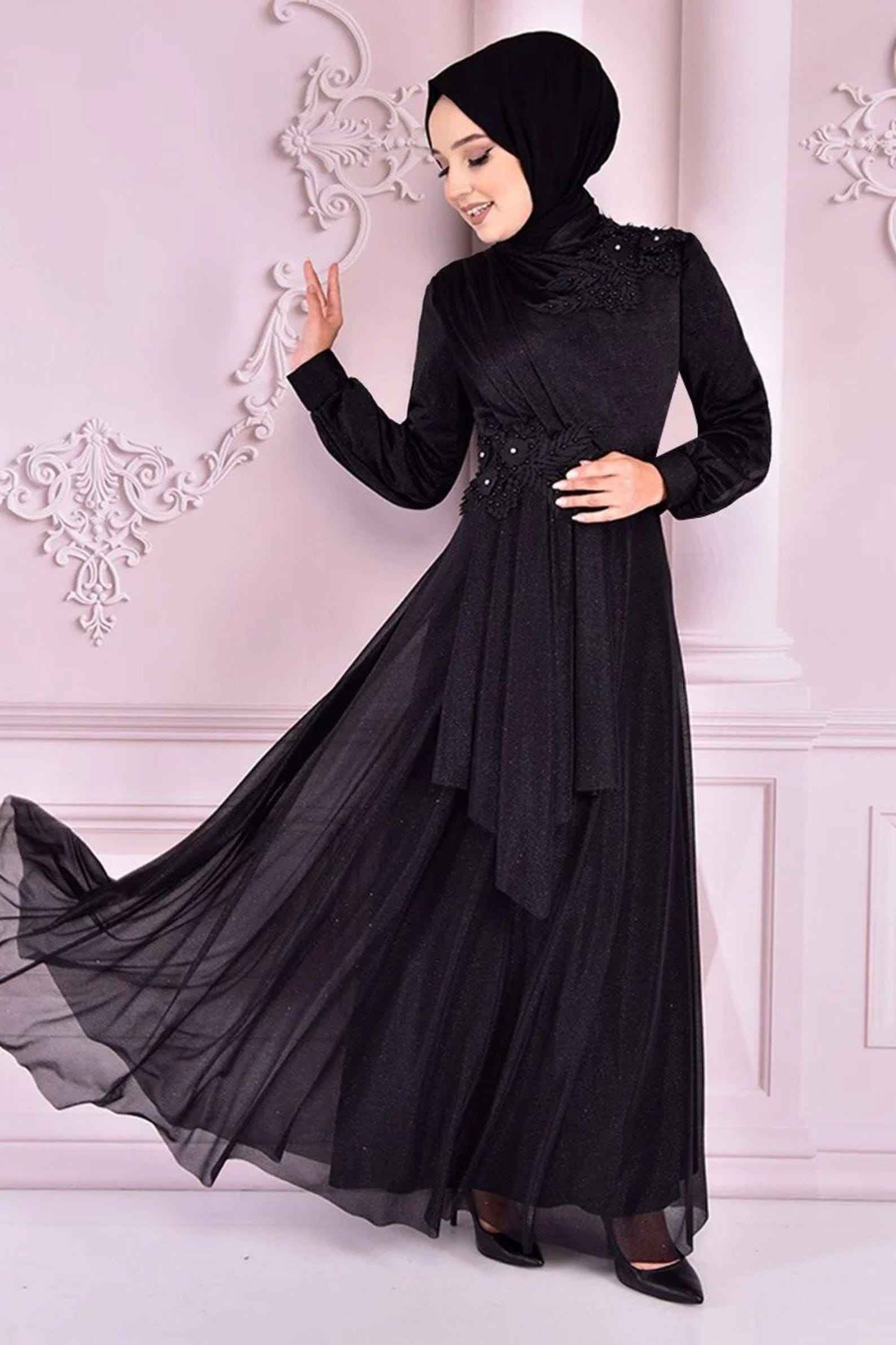 Robe de Soirée Hijab 2514 Longue en Mousseline pour Femme, Longueur Ras du So... - Vue 10 | Yelira