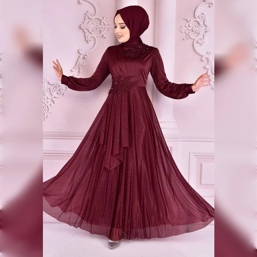 Robe de Soirée Hijab 2514 Longue en Mousseline pour Femme, Longueur Ras du So...